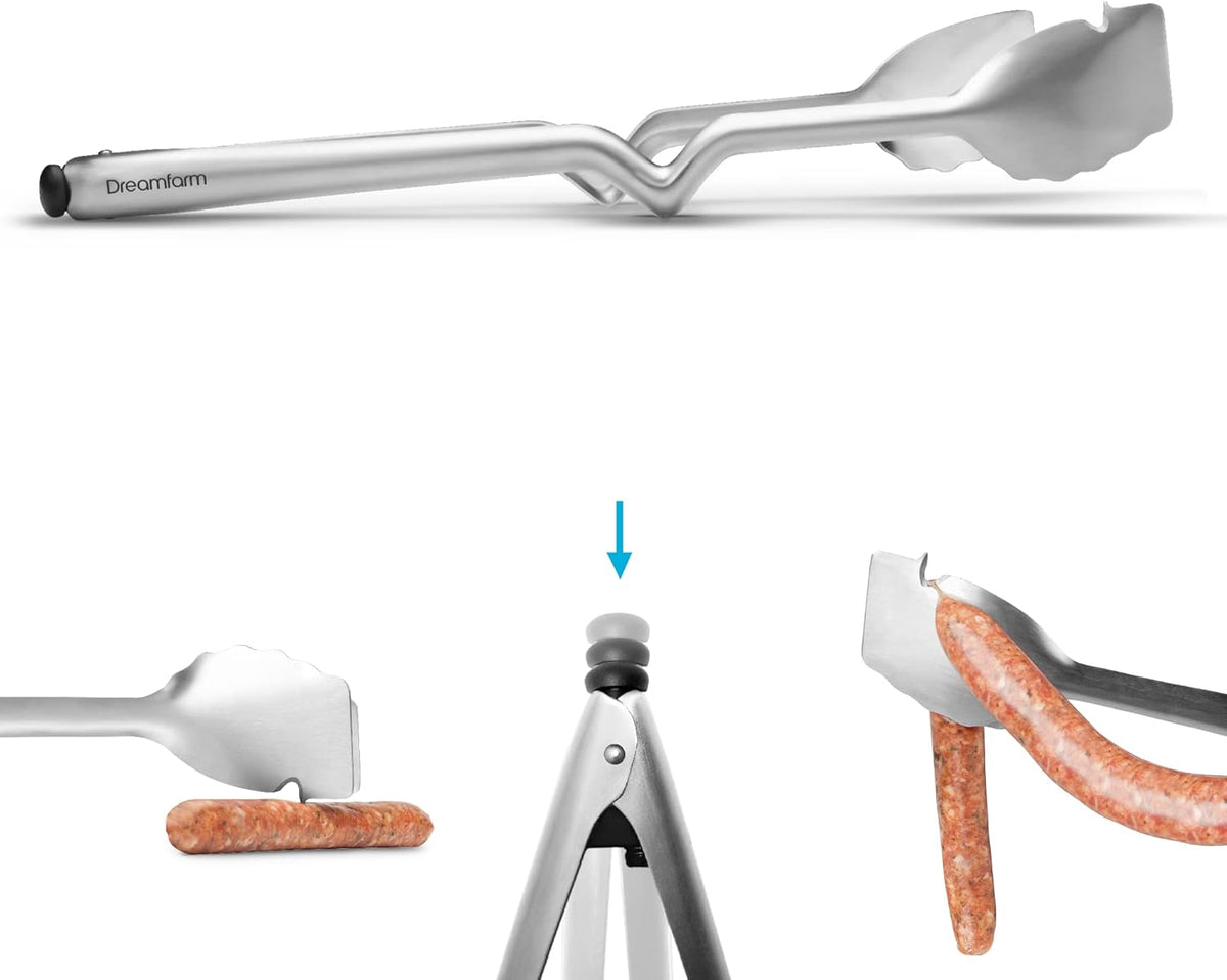 Dreamfarm BBQ Clongs Durable Barbecue Tongs with Click-Lock Open & Close, In-Built Sausage Prick & Cutter - 15" Stainless Steel