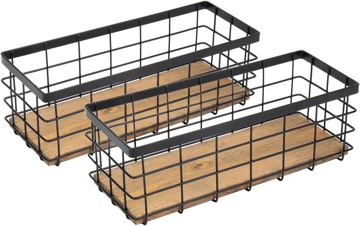 TIEYIPIN Farmhouse Small Metal Wire Storage Basket Bin, Rustic Home Storage Organizer with Wooden Bottom for Kitchen, Cabinets, Bathroom Counter, Pantry, Garage, Laundry Room - Black (2 Pack)
