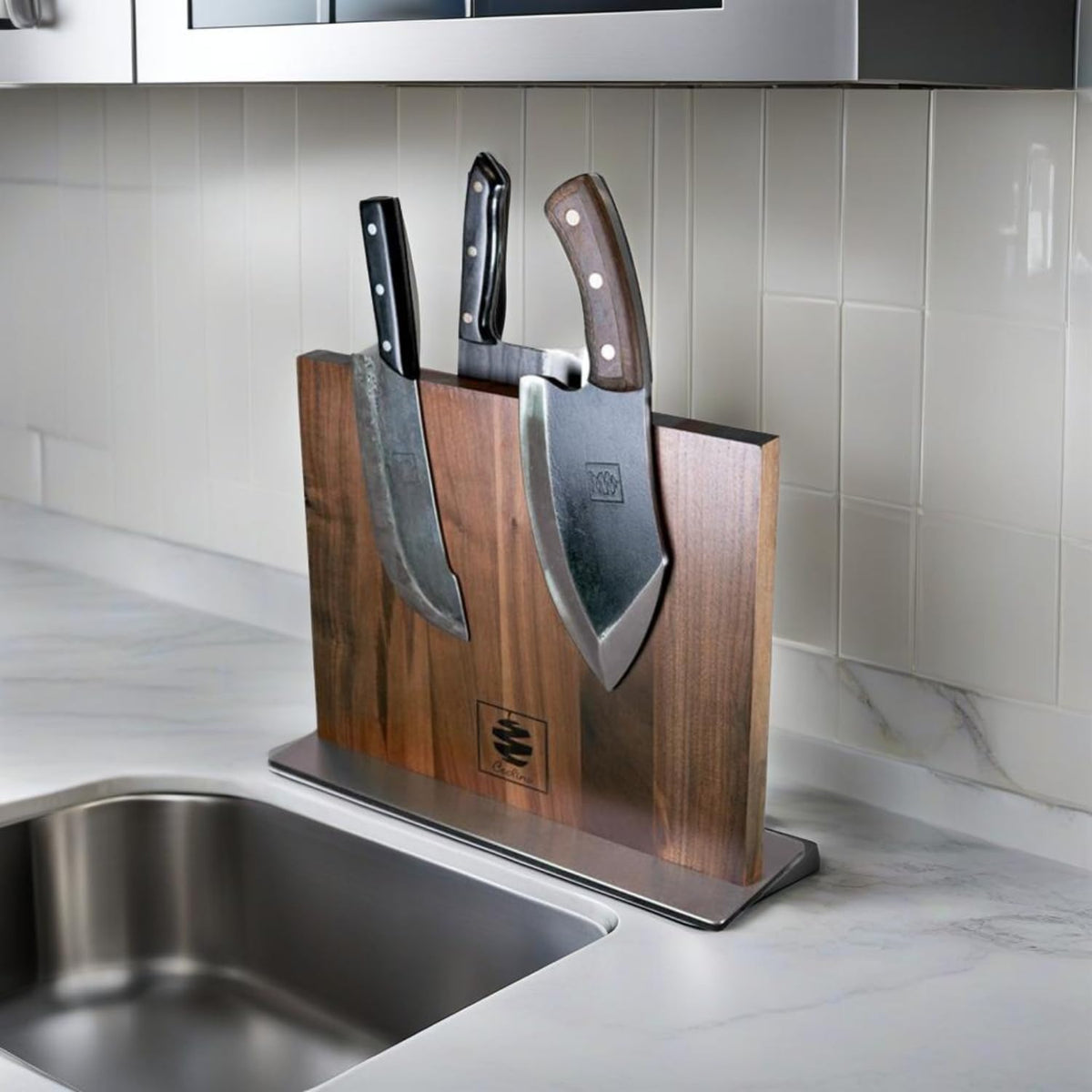 Coolina Walnut Magnetic Knife Holder, Elegant Design Knives Block Stand, Multifunctional, Double Side Magnets with Steel Base