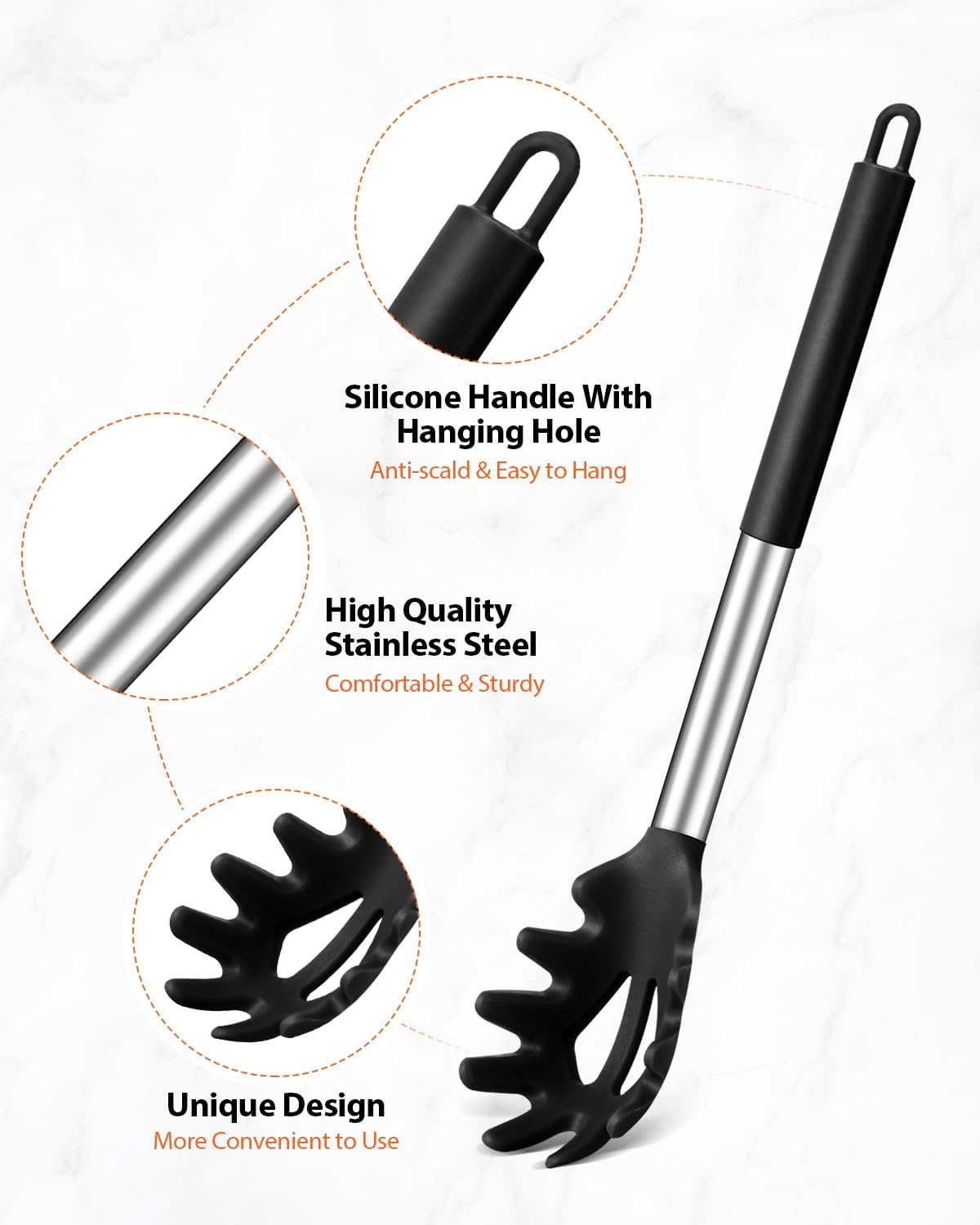 Silicone Spaghetti Spoon & Pasta Tong With Pasta Measurer, 3 Pack of Non-Stick Stainless Steel Handle Pasta Fork Set with Teeth, Food Clip for Easy Serving of Noodles (BLACK)