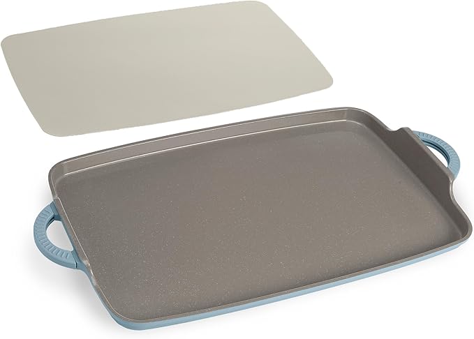 Goodful All-in-One Double Burner Griddle, Ceramic Nonstick, Durable Cast Aluminum, Oven Safe and Dishwasher Safe, Made without PFAS, PFOA, PFOS & PTFE, 18-Inch x 11-Inch, Blue Mist