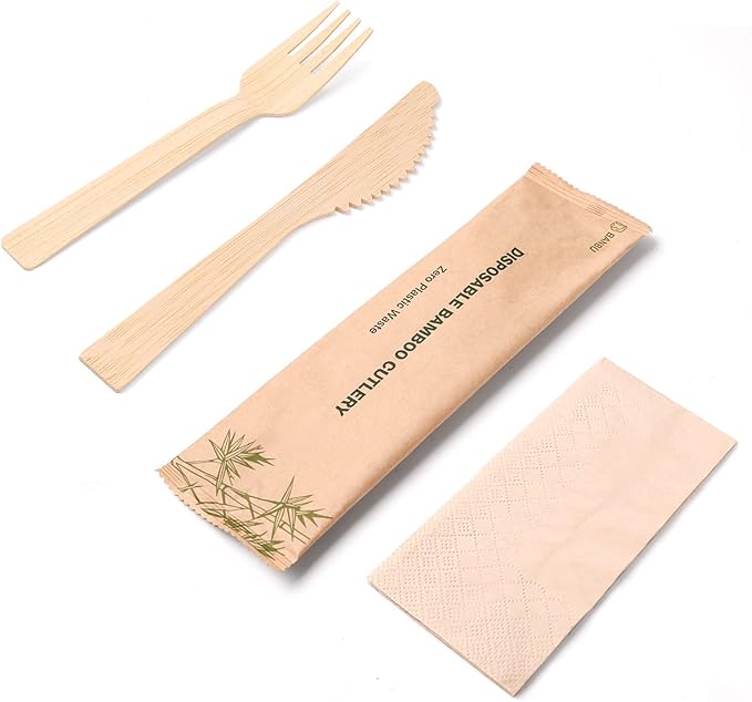 Bamboo Utensils - 70 Pack Individually Wrapped (6.7" 70 Forks 70 Knives 70 Napkins) Bamboo Cutlery Travel Set Disposable Compostable Biodegradable Fork Knife with Napkin for Camping/Wedding