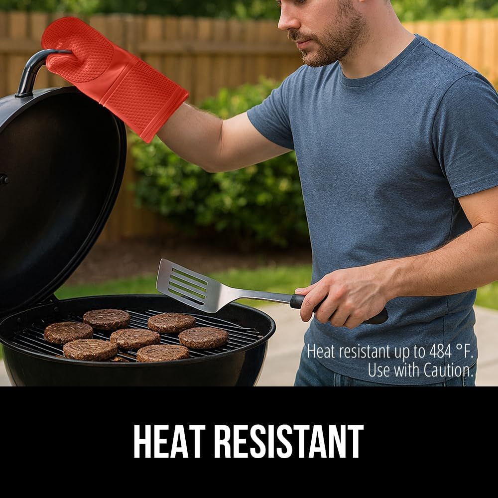 GORILLA GRIP BPA-Free Soft Silicone Oven Mitts, 14.5x8.3, Heat Resistant and Waterproof Cooking Gloves, Thick Cotton Lining, Flexible Gripping for Baking Grilling, Kitchen Potholders Set of 2, Coral