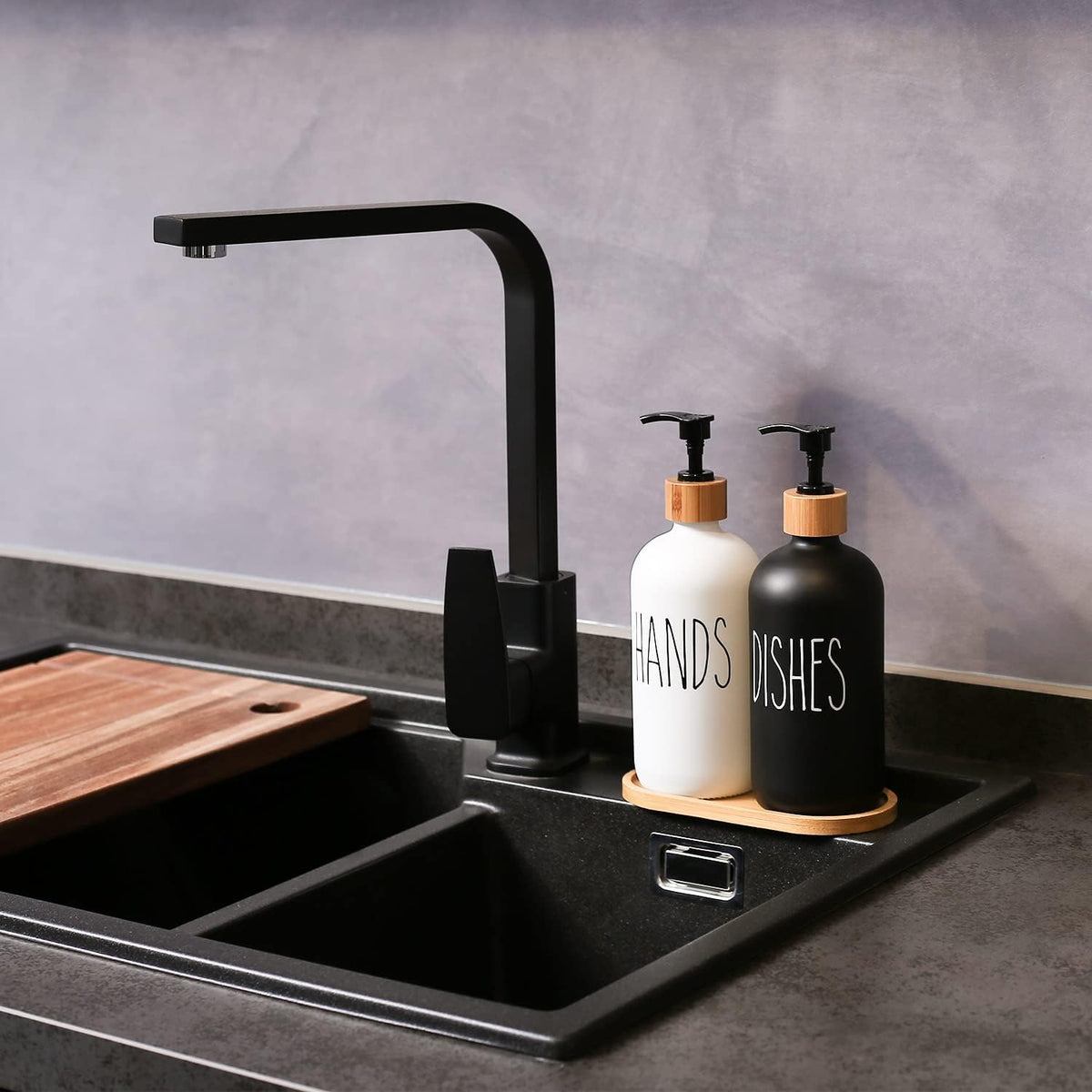 MOMEEMO Soap Dispenser Set, Contains Hand and Dish Soap Dispenser, Suitable for Kitchen Decor. (Black & White)