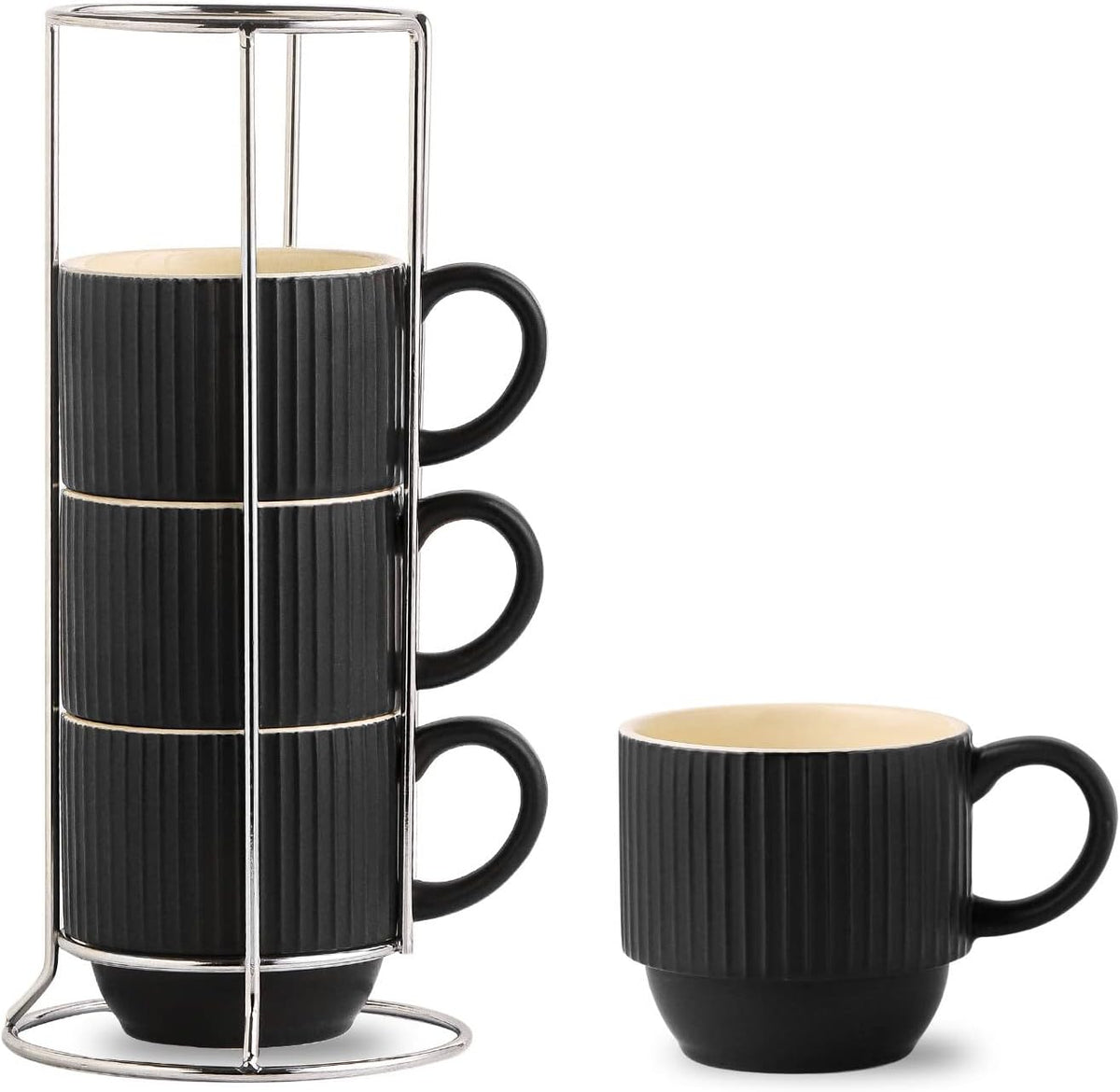 Hasense Black Coffee Mug Porcelain Set of 4 with Rack - 12 oz Stackable Coffee Cups Ceramic, Modern Ribbed Latte Cup Sets for Cappuccino, Tea, Espresso, Hot Cocoa, Drinks - Dishwasher & Microwave Safe