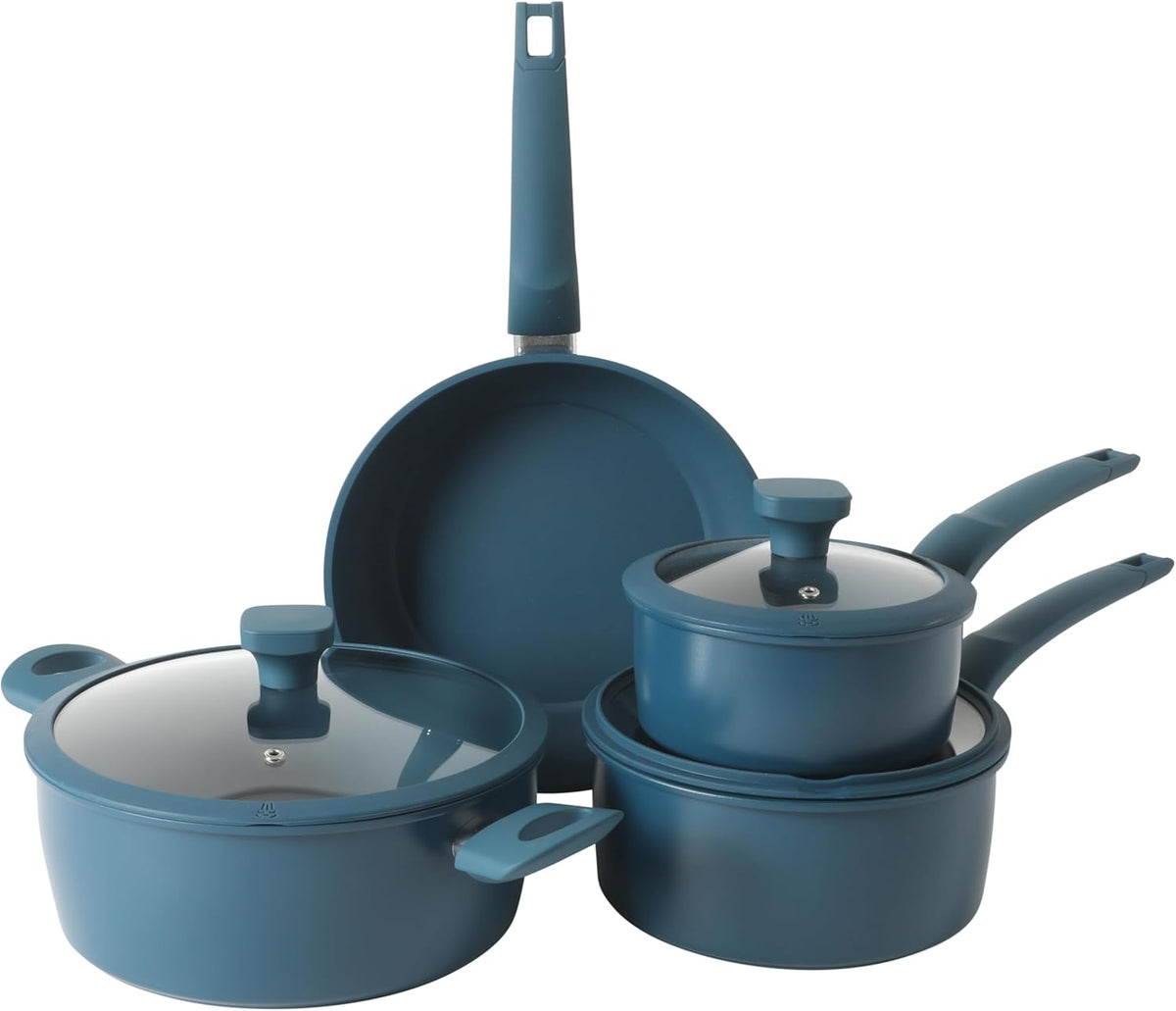 Gibson Home Helensburgh 7-Piece PFA-Free Ceramic Nonstick Carbon Steel Cookware Set – Blue Pots and Pans with Glass Lids, Saucepan, Dutch Oven, Fry Pan