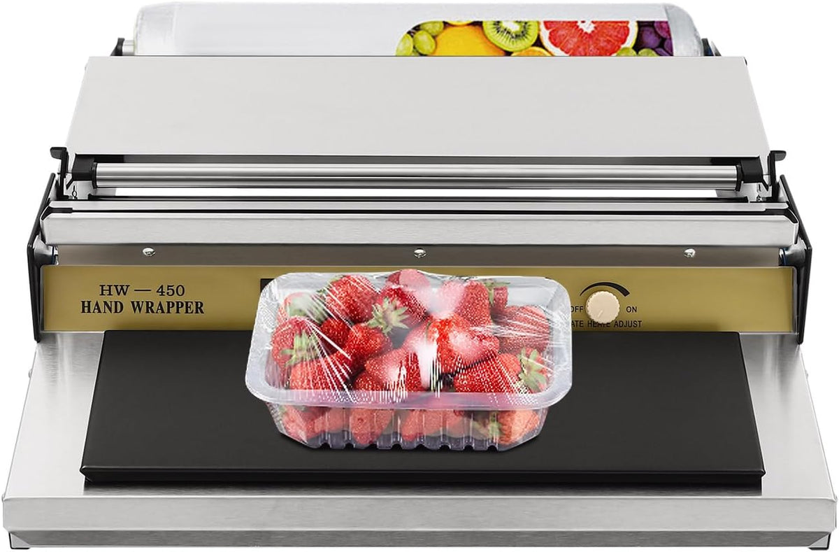 18 Inch/45CM Hand Wrapping Machine Film Wrapper for Food Packaging, Large Tray Cling Film Wrapper Dispenser with 5-Level Adjustable Heat, Cutter and Heating Plate Individual On/Off Control