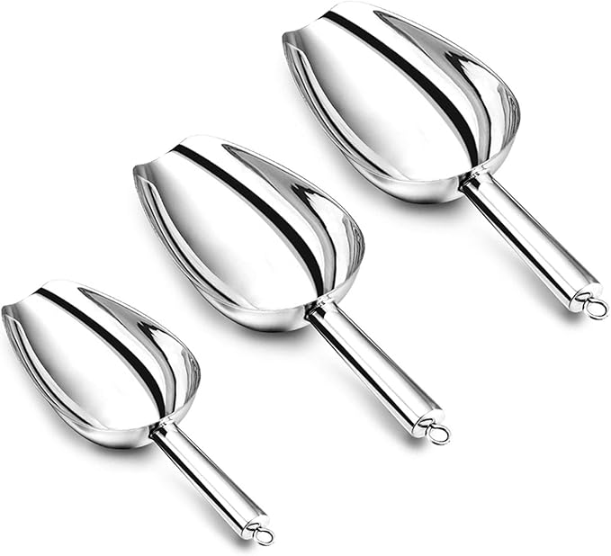 P&P CHEF Canister Scoop Set of 3, Ice Candy Scoop, Stainless Steel Multipurpose Food Scooper for Buffet Jar Freezer, Mirror Finish & Dishwasher Safe, Silver, 5+8+12 Oz