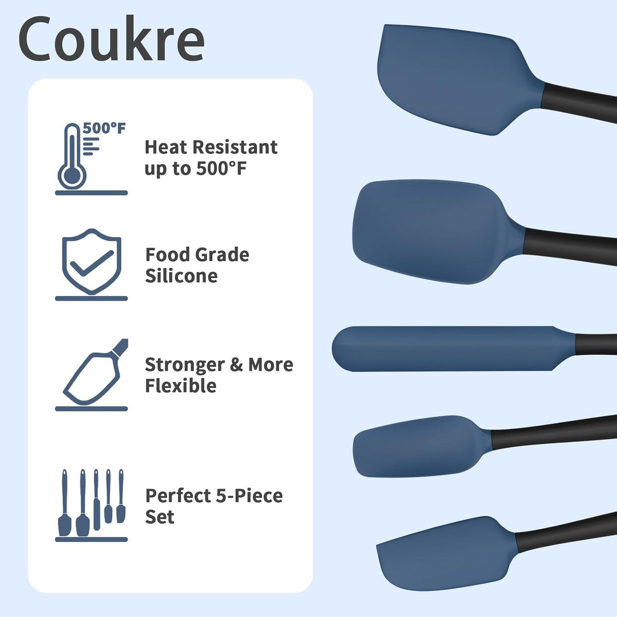 Coukre Silicone Spatula Set of 5,High Temperature Resistant, Food Grade Silicone, Dishwasher Safe, for Baking, Cooking (Dark Blue)