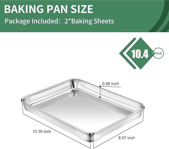 Baking Sheets Set of 2, HKJ Chef Cookie Sheets 2 Pieces & Stainless Steel Baking Pans & Toaster Oven Tray Pans, Rectangle Size 10 x 8 x 1 inch, Non Toxic & Healthy & Easy Clean