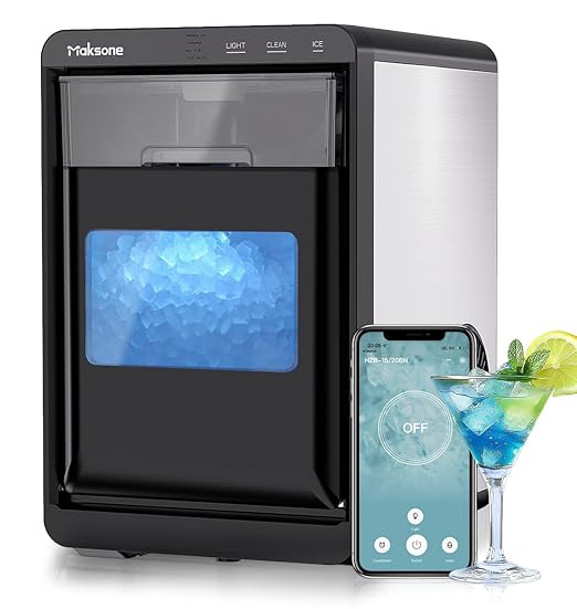 Maksone Countertop Nugget Ice Maker with APP Control, 44lbs/24H,Ready in 7 Mins,Crushed ice Maker,Sonic Pebble Ice Machine