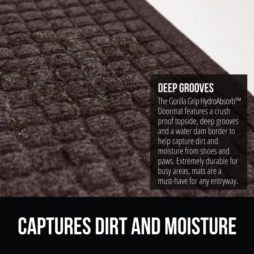 GORILLA GRIP Front Door Mat, Indoor Outdoor Ultra Absorbent HydroAbsorb Doormat, Absorbs Up to 1.7 Cups of Water, Stain and Fade Resistant, Rubber Backing Doormats, Captures Dirt, 29x17 Coffee