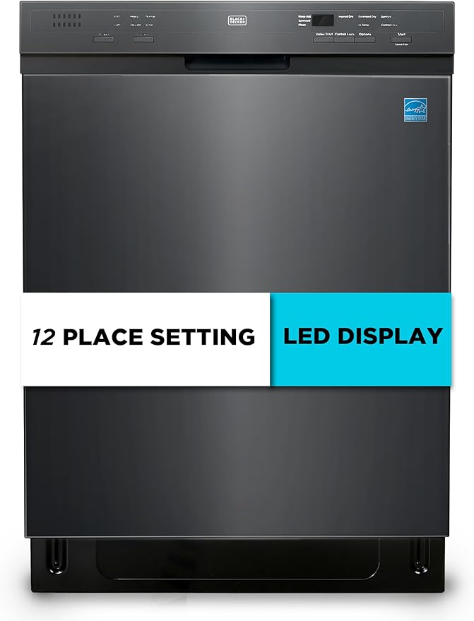 BLACK+DECKER 24" Built-In Dishwasher, 12-Place Setting Capacity with Stainless Steel Tub, Dish Washer with 6 Wash Programs, Low Noise, ENERGY STAR Certified, BDW200MB, Black