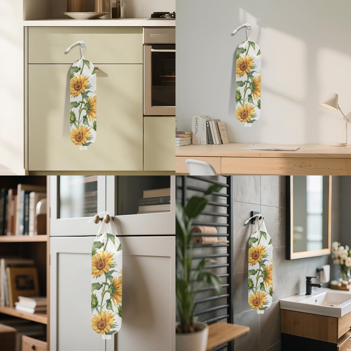 Sunflower Plastic Bag Holder for Kitchen Essentials, Wall Mount Grocery Bag Holder for Plastic Bags, Summer Sunflower Reusable Grocery Bags Storage Dispenser for Home Kitchen Pantry Farmhouse
