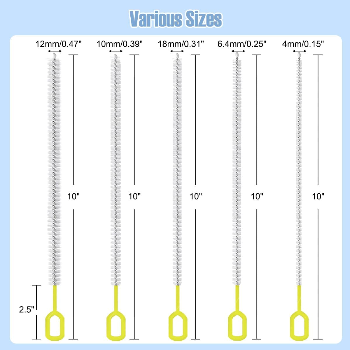 Straw Cleaner Brush Set – 10 Inch, 5 Sizes (4–12mm) Nylon Bristles – Heavy-Duty, Non-Scratch, Easy-Grip Handle – for Reusable Straws, Baby Bottles, Sippy Cups & Pipes