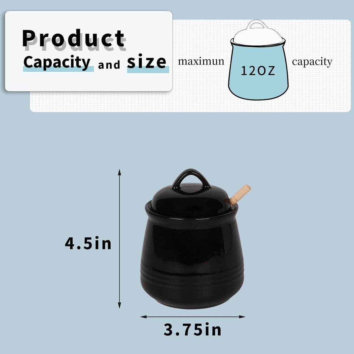 HAOTOP Ceramic Honey pot with Lid and Honey Dipper,Porcelain Honey Jar Easy to Clean and Dishwasher Safe,12oz (Black)