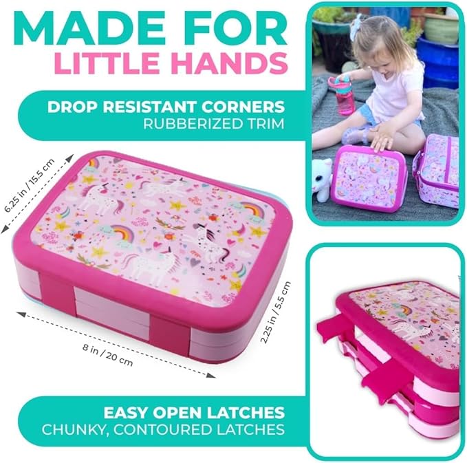 Bento Lunch Box Kids Toddlers: Leakproof Lunch Containers for Boys & Girls with 4 Compartments - School, Daycare, Pre-School, Snack Container with Lid Utensil, BPA-Free Boxes, Age 3+, Pink Unicorn