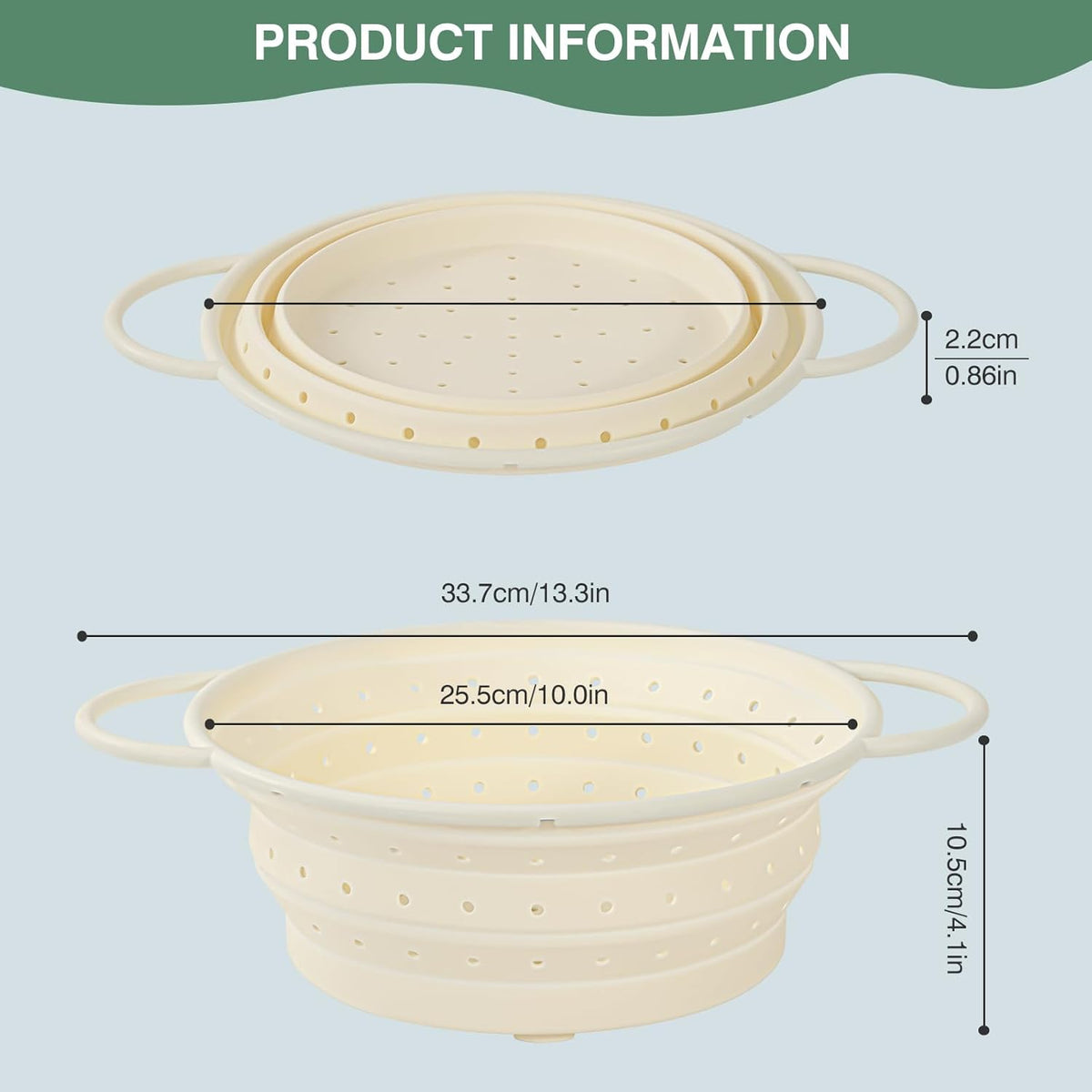 Kkioiome Strainers and Colanders, Silicone Collapsible Sink Collander, 13in, Strainers and Colanders for Kitchen, Large Drainer for Vegetable, Food, Pasta (White)