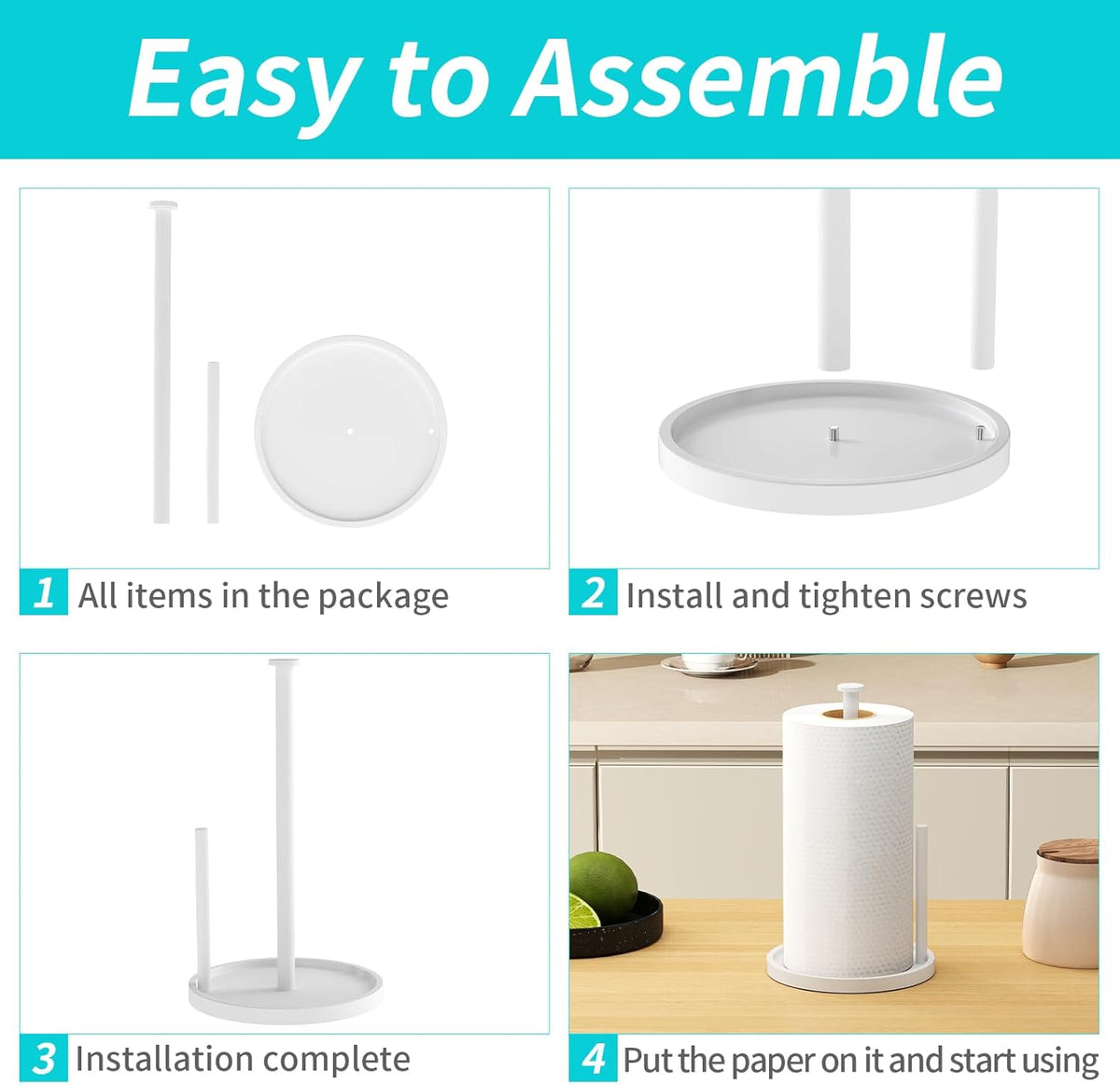 Paper Towel Holder Countertop, Standing Paper Roll Holder with Anti Slip Weighted Base, Stainless Steel Freestanding Paper Towel Holder for Kitchen, White