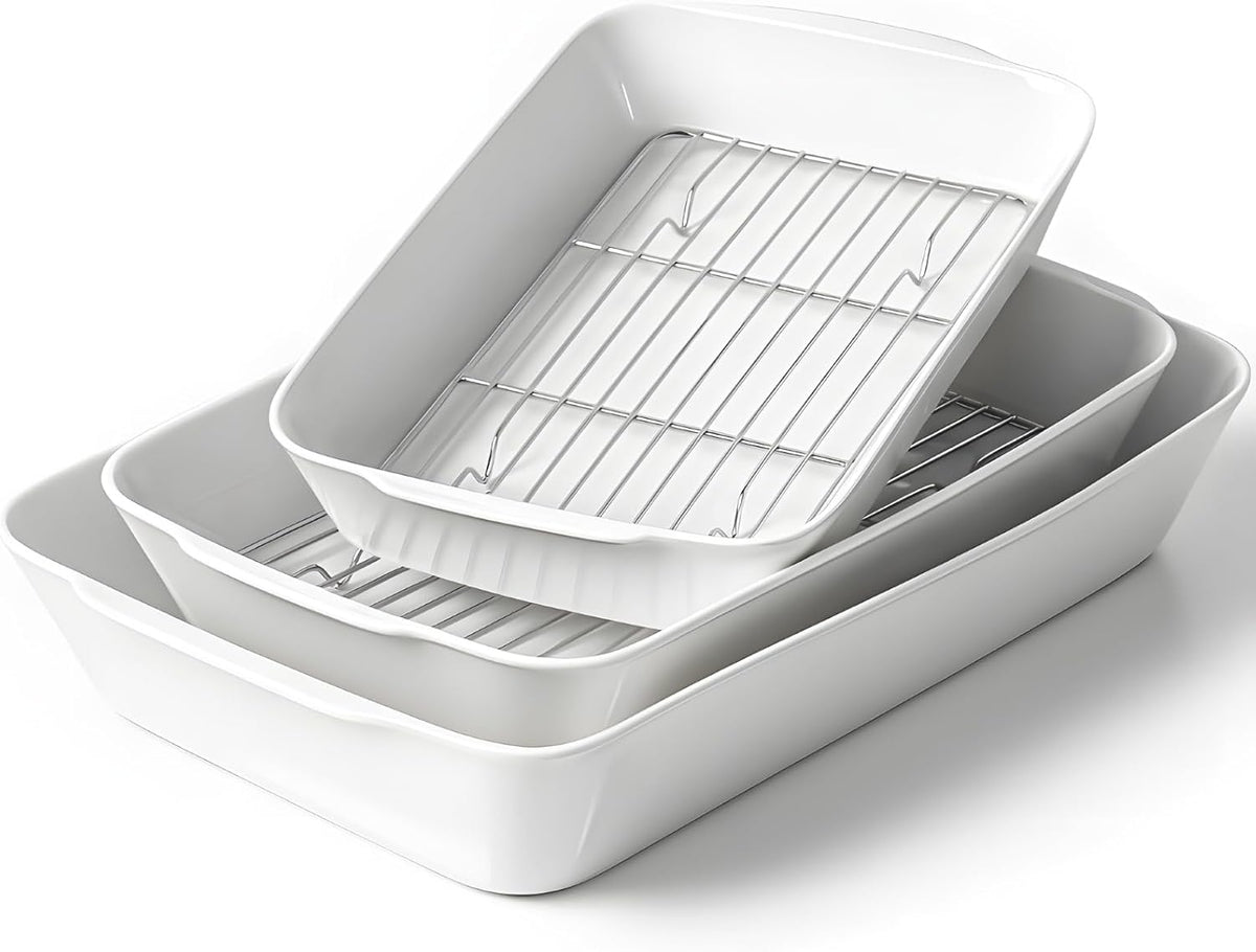 Casserole Dishes for Oven, Ceramic Baking Dishes Set of 3 with Roasting Racks, Rectangular Lasagna Pan with Handles for Baking, Gift, Dinner Microwave Oven Safe (2QT/3QT/4.2QT)