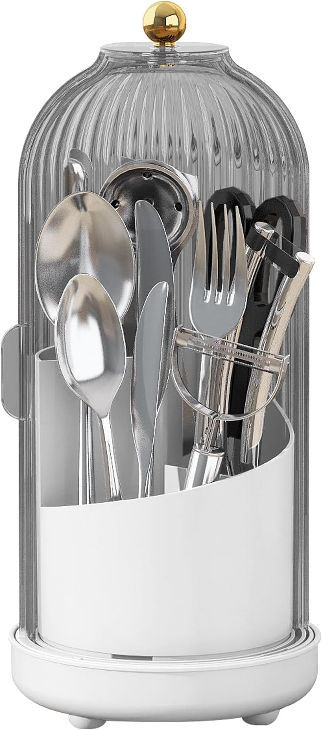 JEESA Utensil Holder with Lid, 360° Rotating Flatware Organizer for Cutlery Spoon Fork(H Less 8"), Silverware Caddy Organizer Drainage Dustproof Flatware Holder Kitchen Countertop Storage, Gray