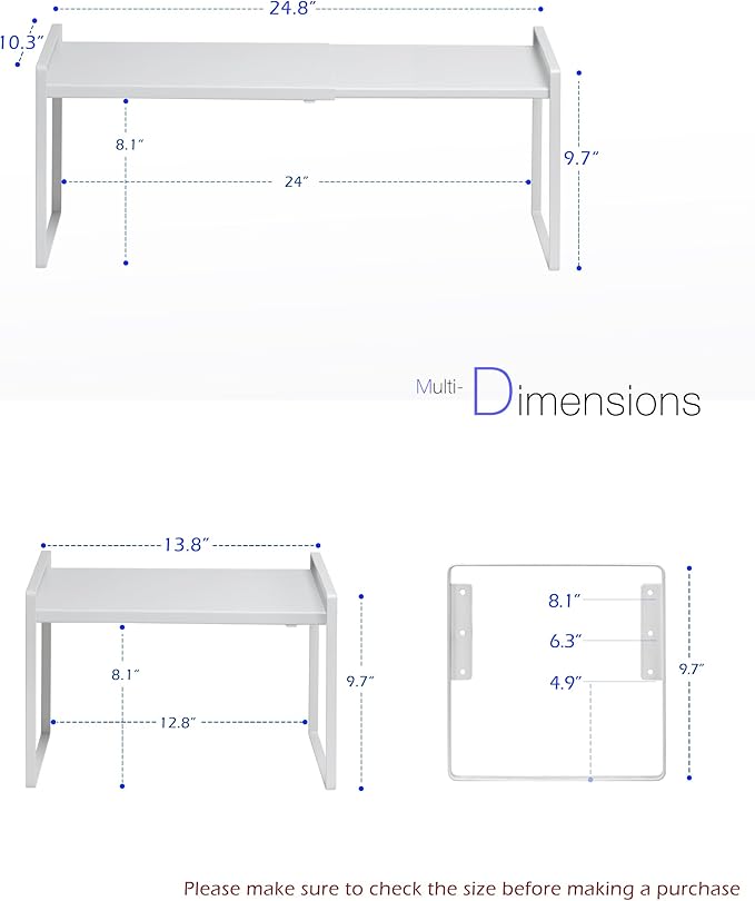 Nxconsu Cabinet Shelf Expandable Height Adjustable Shelf Organizer Riser for Kitchen Cabinet Pantry Cupboard Under Sink Countertop Organization Storage Space Saver Stackable Heavy Duty Metal White XL