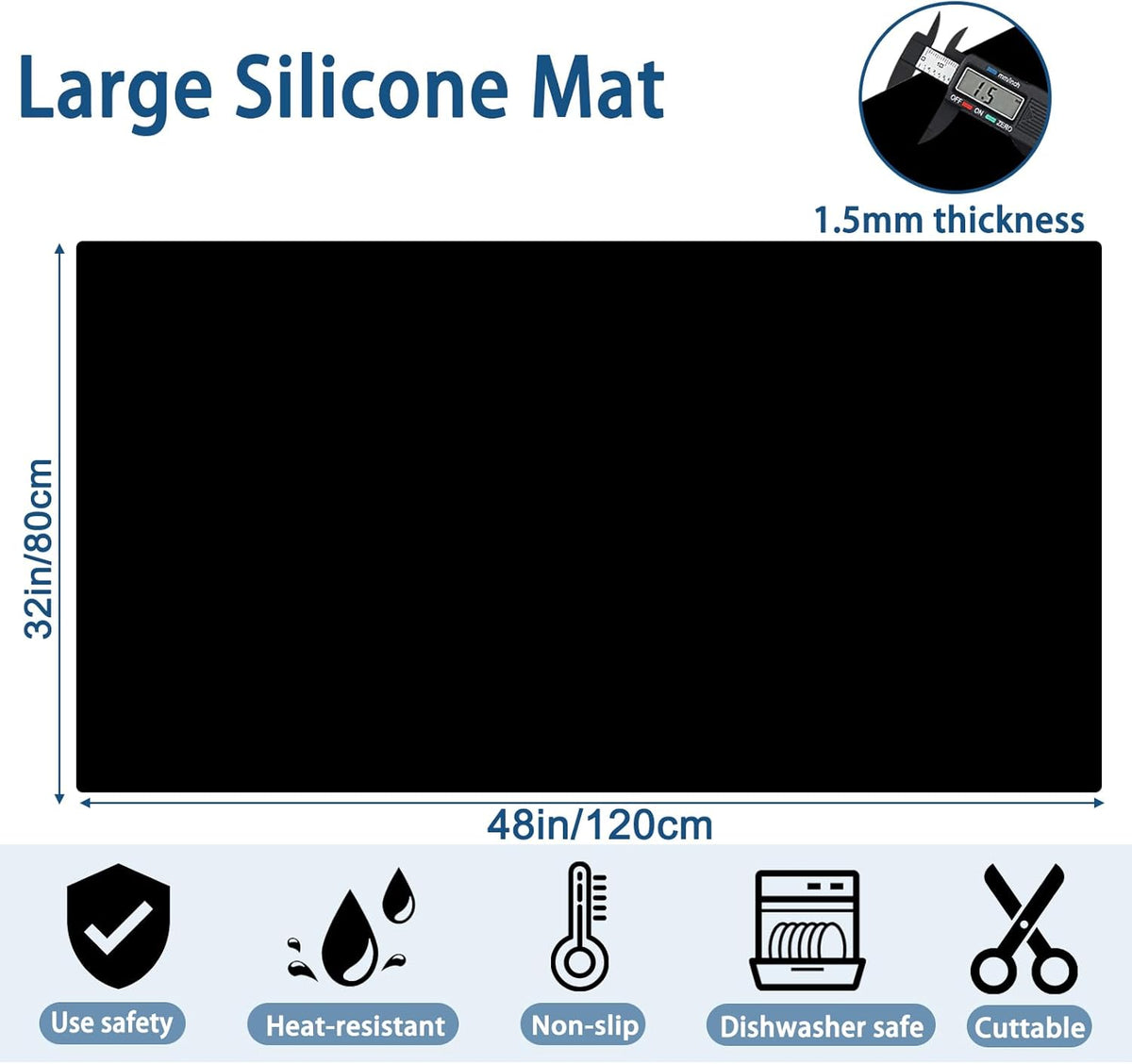 Large Silicone Mat, 48"x32"(120cmx80cm) Silicone Mats for Kitchen Counter, Non-Slip Heat Resistant Mat, Kitchen Counter Mat, Waterproof Countertop Protector for Craft, Black