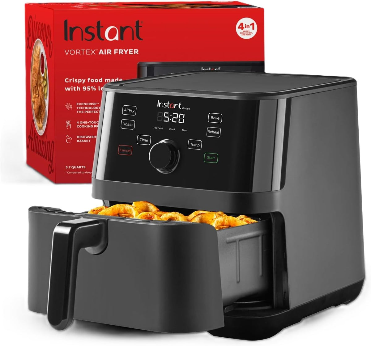 Instant Pot Vortex 5.7QT Air Fryer, Custom Program Options, 4-in-1 Functions, EvenCrisp Technology that Crisps, Roasts, Bakes and Reheats, 100+ In-App Recipes, from the Makers of Instant Pot, Black