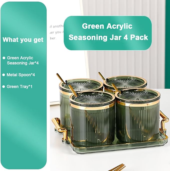 Acrylic Condiment Spice Jars,Condiment Spice Box With Lids and Spoons and Tray,Clear Plastic Condiment Canisters,Seasoning Box 4 Pack,Seasoning Box Set for Kitchen to Storage Salt,Paprika,Sugar