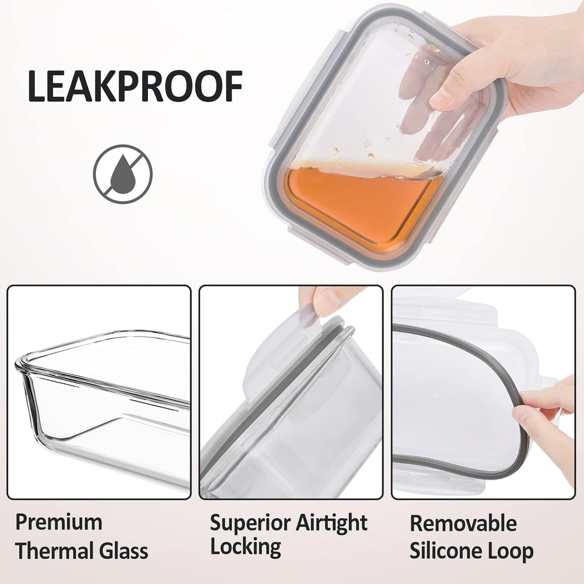 Glass Food Storage Containers with Lids Airtight 6 Pack, Glass Storage Containers with Lids for Food, Not Easy Broken & Leak Proof, Oven/Dishwasher Safe, Grey