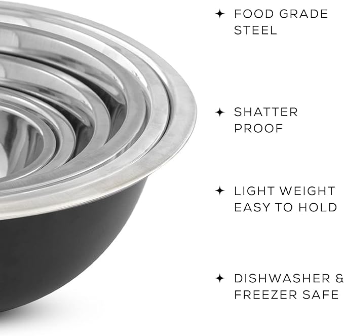 JoyJolt Stainless Steel Mixing Bowl Set - 6 Piece Nesting Bowls, 5qt to 0.5qt, Black, Perfect for Dough, Batter & Baking