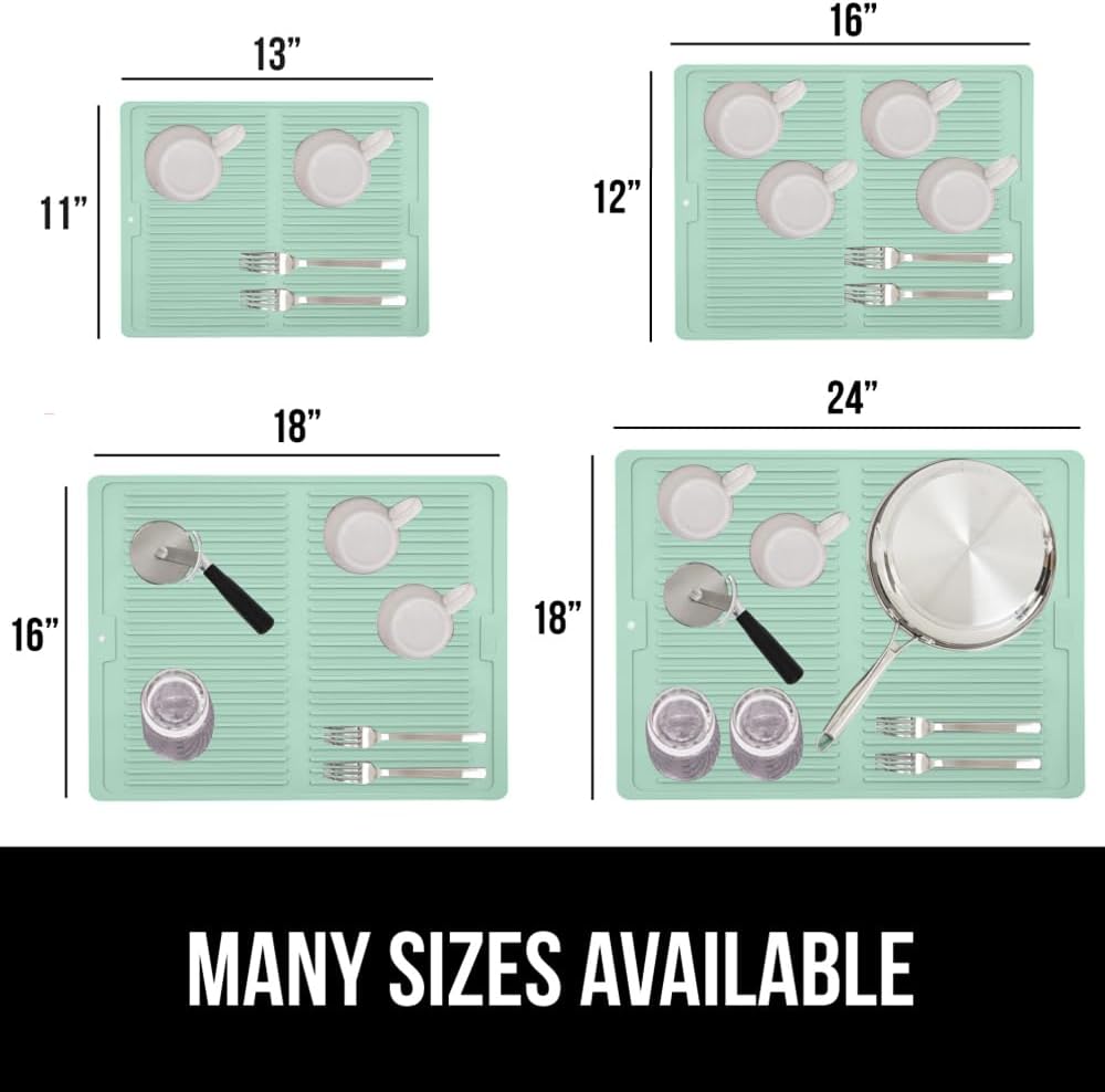 GORILLA GRIP 100% BPA-Free Patented Silicone Dish Drying Mat for Kitchen Counter, Water Catching Ribbed Design, Easy Clean Waterproof Sink Liner, Heat Resistant, Fits Under Rack, 16x12 Inch, Mint