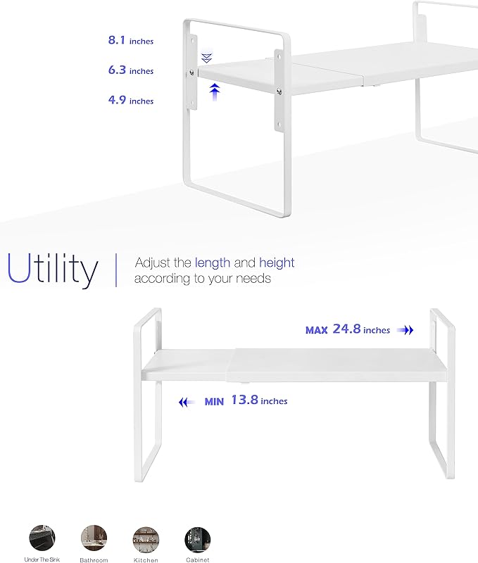 Nxconsu Cabinet Shelf Expandable Height Adjustable Shelf Organizer Riser for Kitchen Cabinet Pantry Cupboard Under Sink Countertop Organization Storage Space Saver Stackable Heavy Duty Metal White XL