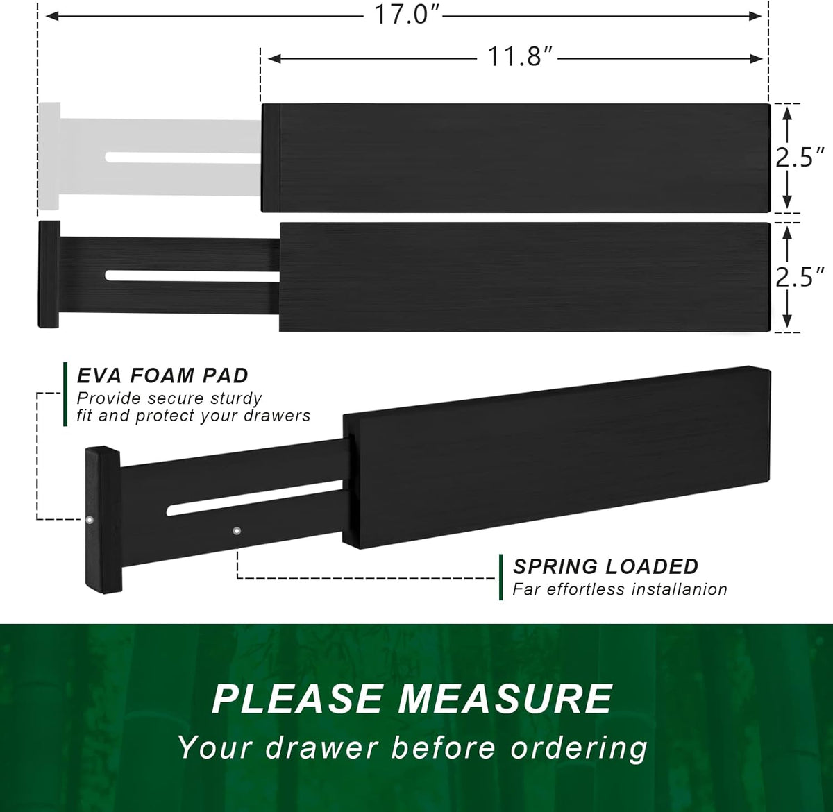 4 Pack Bamboo Drawer Dividers, Adjustable Length from 12 Inch to 17 Inch, Expandable Kitchen Drawer Organizer, Drawer Organization Separators for Clothes, Kitchen, Bedroom, Dresser, Office (Black)