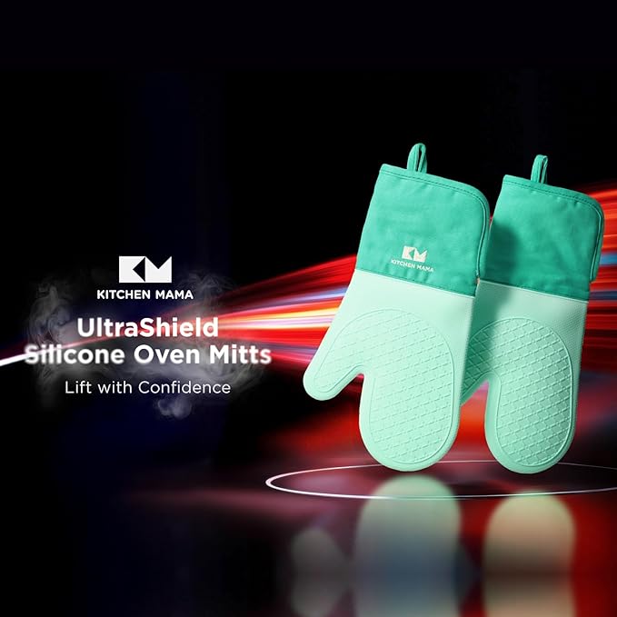 Kitchen Mama UltraShield Silicone Oven Mitts – Heat Resistant, Non-Slip Surface, Durable, Safe, Pot Holders, Flexible Waterproof Glove Set, Perfect for Cooking, Baking, Grilling, BBQ (Teal)