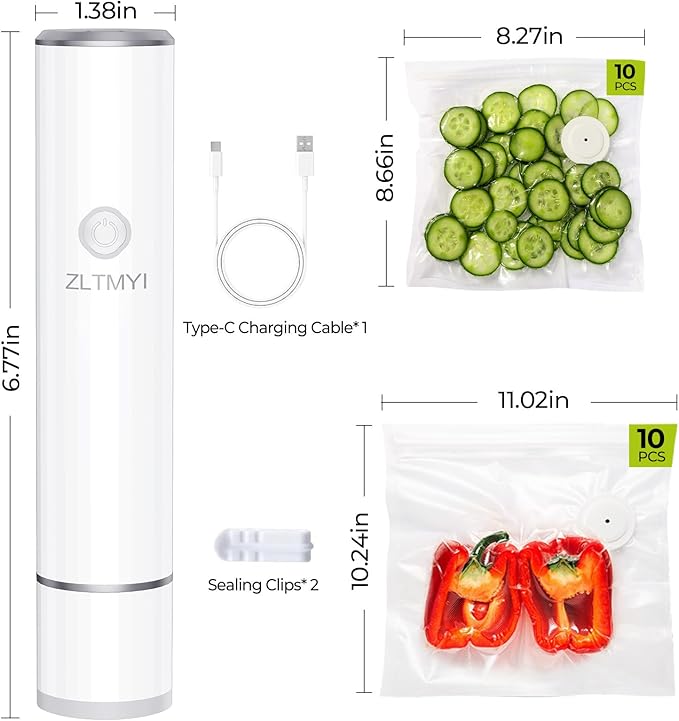 Handheld Vacuum Sealer for Food, Compact Portable Food Saver Pump with 20 BPA‑Free Reusable Vacuum Bags Type-C Rechargeable, Ideal for Sous Vide, Meal Prep, Leftovers & Freezer Storage