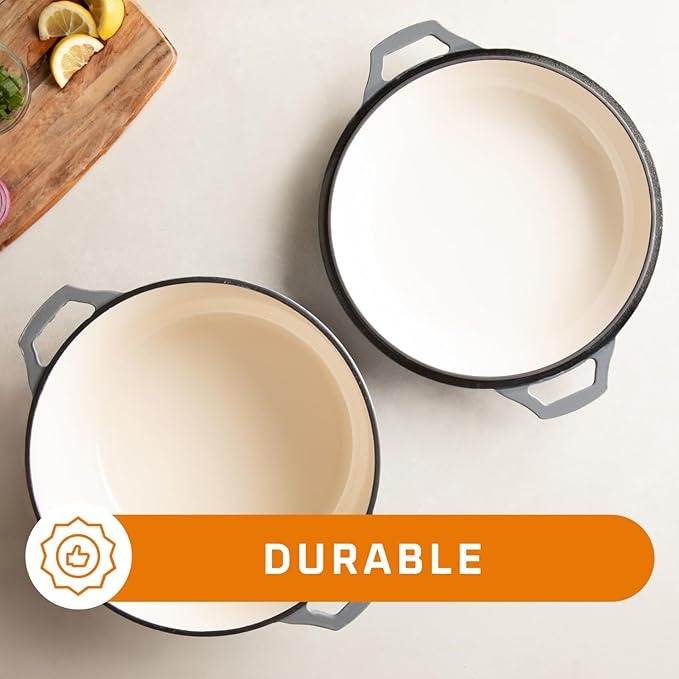 Bruntmor 2-in-1 Enamel Cast Iron Dutch Oven With Handles - Crock Pot Grey Cast Iron pot with Skillet lid - All-in-One Cookware Braising Pan for Casserole Dish - 7 Quart, Grey