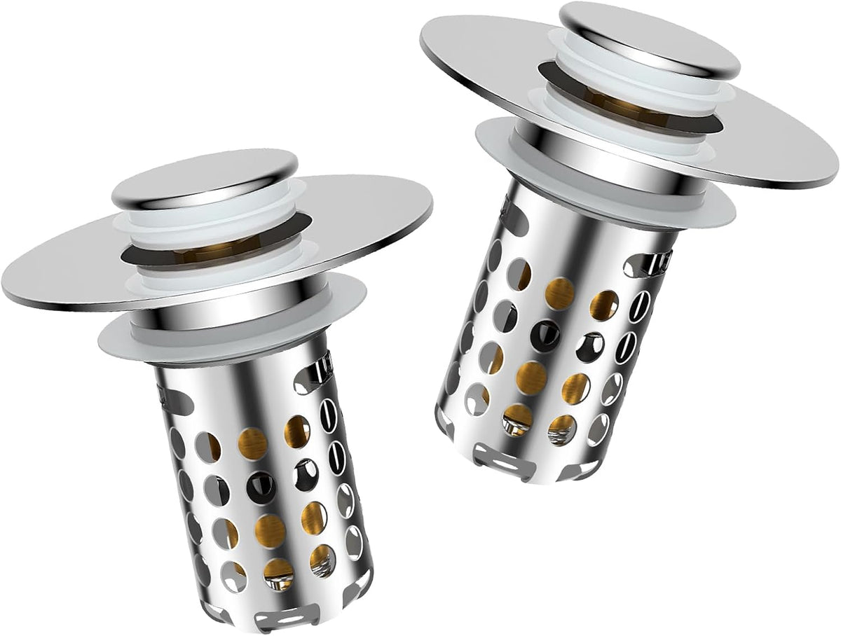 Upgraded 2pcs Bathroom Sink Stopper Drain Strainer for 1.1-1.45 Inch,Universal Pop Up Stopper with Removable Stainless Steel Filter Basket Hair Catcher,Brass Bounce Core for US Universal