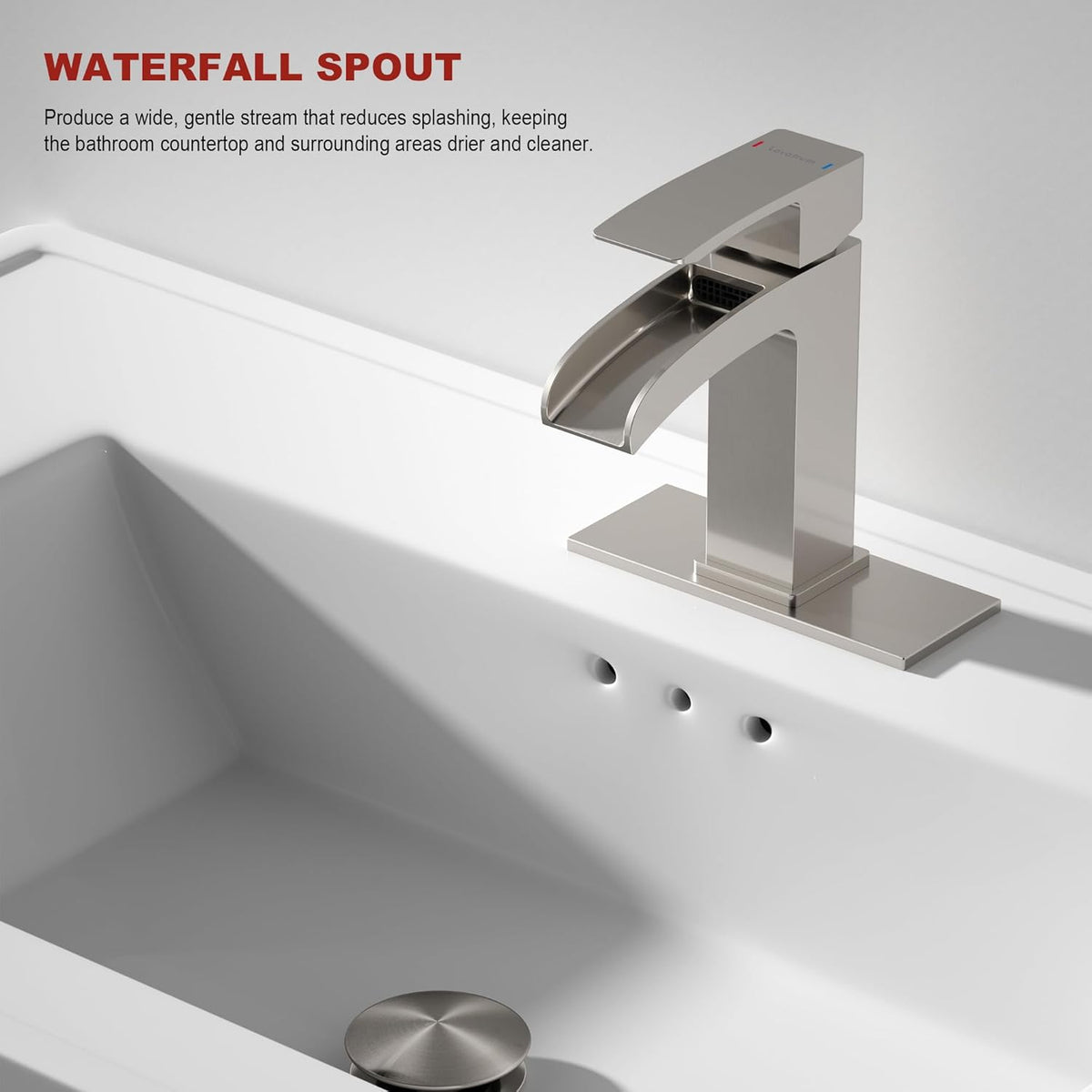 Brushed Nickel Bathroom Faucet Waterfall, Vanity Faucet Brass for Sink 1 Hole Single Handle Modern Mixer Tap with Pop-up Drain Stopper for Lavatory Farmhouse RV