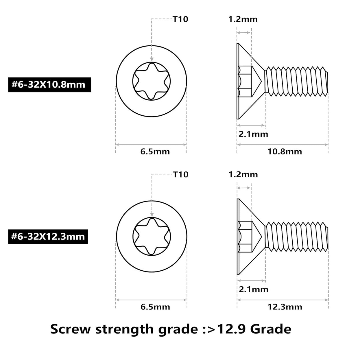 ohhunt 60 Pcs 6-32x5.5mm/5mm/8.55mm/9.5mm/10.8mm/12.3mm Alloy Steel Flat Head Screw for Red Dot Sight