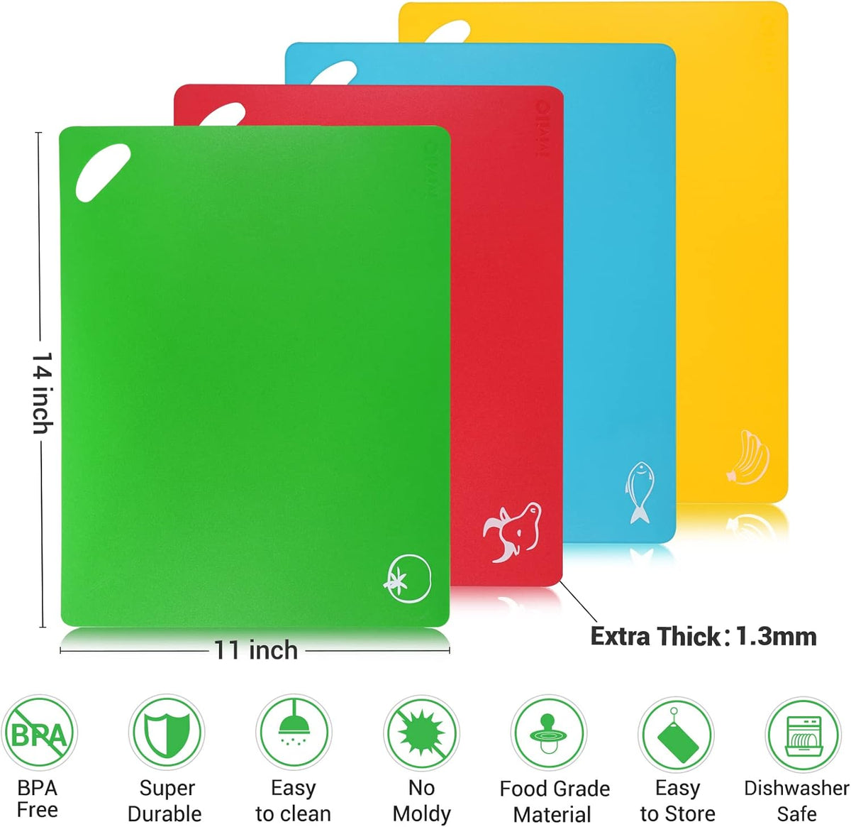 Kitchen Plastic Cutting Board Set - Extra Thick Flexible Cutting Mat for Cooking, Non-Slip Chopping Board with Colored Food Icons & Easy-Grip Handles, Dishwasher Safe, Set of 4