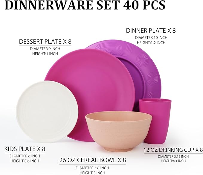 Wheat Straw Dinnerware Sets 40 PCS Bowl and Plate Sets With Cup Dishes Set for 8 Unbreakable Dish Sets Microwave Safe Plates Dinner Bowls Drinking Glasses With 4 Color - Flower Color