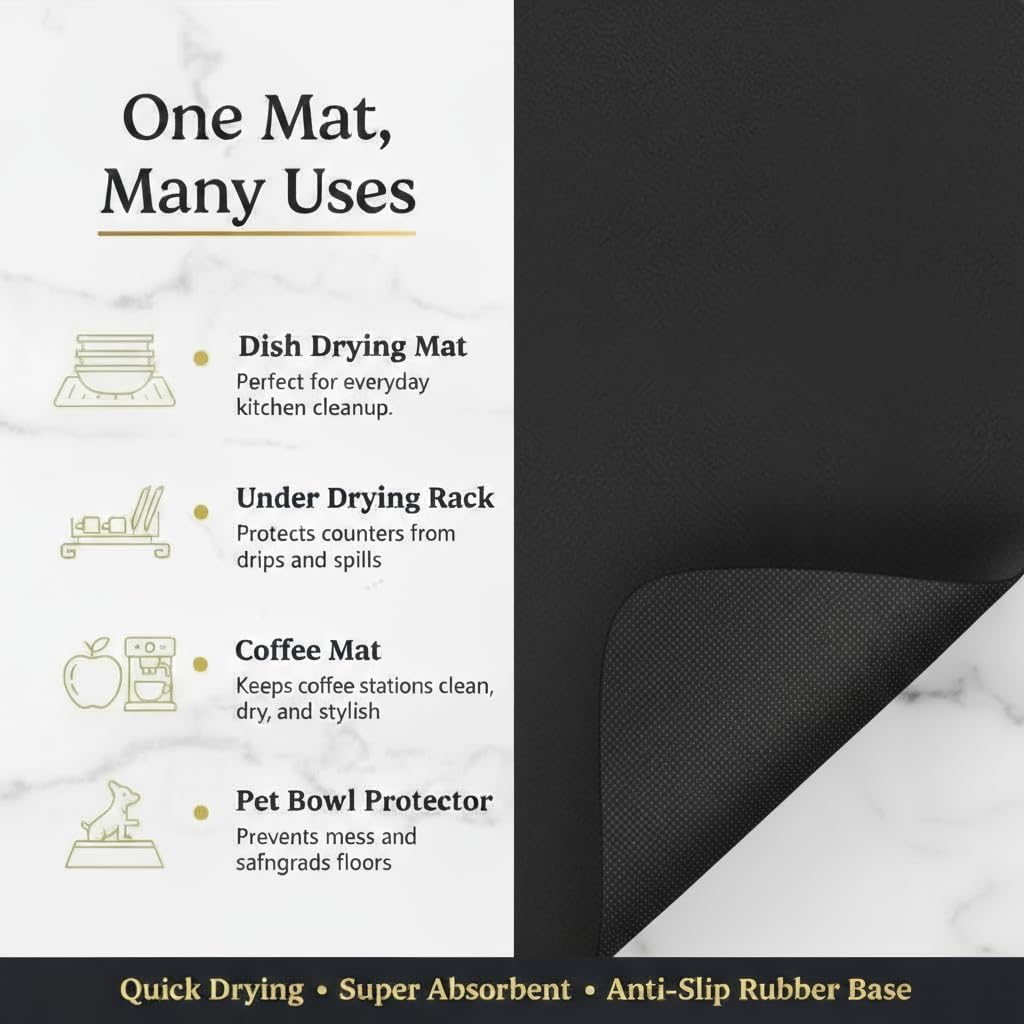 Dish Drying Mat Super Absorbent – 12" x 18" Coffee Mat for Countertops – Non-Slip Drying Mat for Kitchen Counter – Easy to Clean Water Absorbent Mat – Quick Dry Dish Drying Mats (Black)