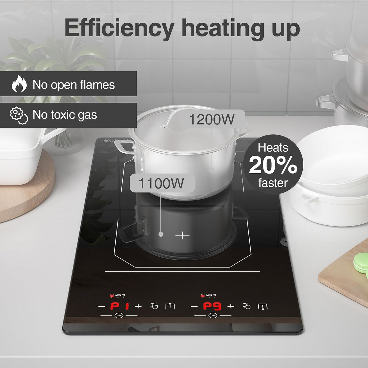 Double Induction Cooktop 2 Burner: 12 Inch 110v Built-in & Portable Electric Stove Top - 2300W Electric Cooktop with 9 Temp Settings, Countertop Cooktop for RV, Camping, Travel