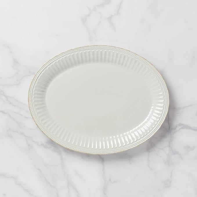 Lenox Serveware, Lenox French Perle Groove White Serving Platter, Oval Shape, 16-Inch, Stoneware, Dishwasher Safe, Turkey Platter for Thanksgiving, Winter Hosting, Christmas Serving (White, 1 Piece)