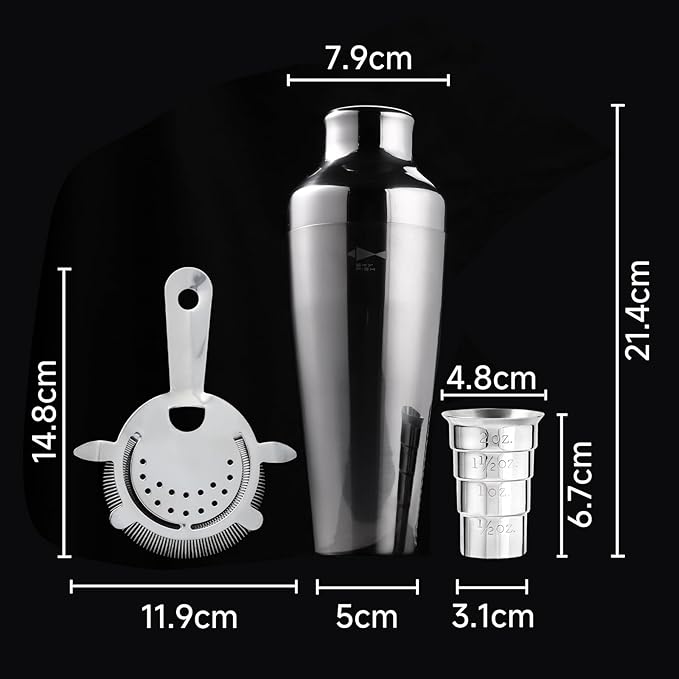 SKY FISH Barware Set 3-Piece Stainless Steel Bartender Kit - Cocktail Shaker, Jigger with Measurements, Hawthorn Strainer - Suit for Home Bars & Professional Mixologists