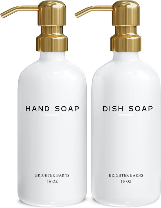 Luxury Glass Hand and Dish Soap Dispenser Set by Brighter Barns - Kitchen Soap Dispenser Set & Stainless Steel Pump - Glass Bottle for Sink - White and Gold Kitchen Accessories for Airbnb, Gift (Gold)