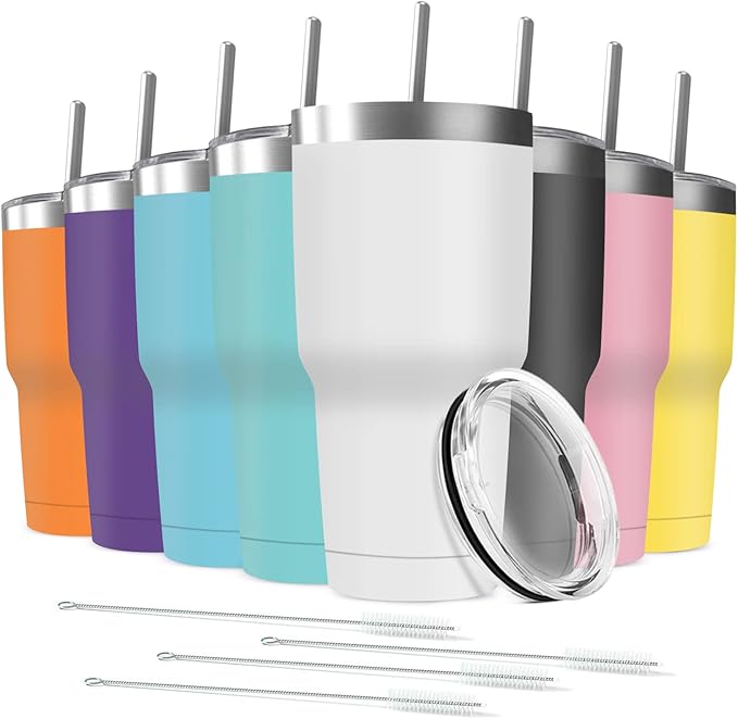 30oz Stainless Steel Travel Mug with Lid, 8 Pack Double Wall Vacuum Insulated Bulk Tumbler with 8 Straws, Powder Coated Coffee Cup Suitable for Vehicle Cup Holders(Assorted Colors)