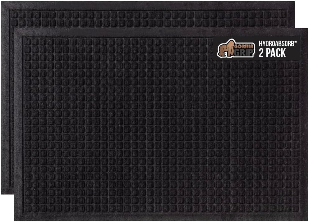 GORILLA GRIP Front Door Mat, 35x23, Indoor Outdoor Ultra Absorbent HydroAbsorb Doormat, Absorbs Up to 5.7 Cups of Water, Stain and Fade Resistant, Rubber Backing Doormats, 2 Pack, Black