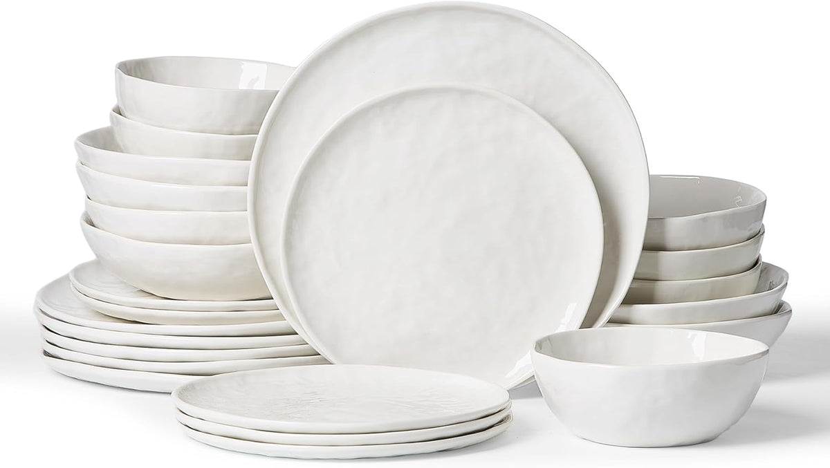 Famiware Porcelain kitchen plates and bowls set, Modern dishes set for 6, Handmade Wave Edge Dinnerware Sets, Microwave and Dishwasher Safe Tableware, Polar White (24pc)